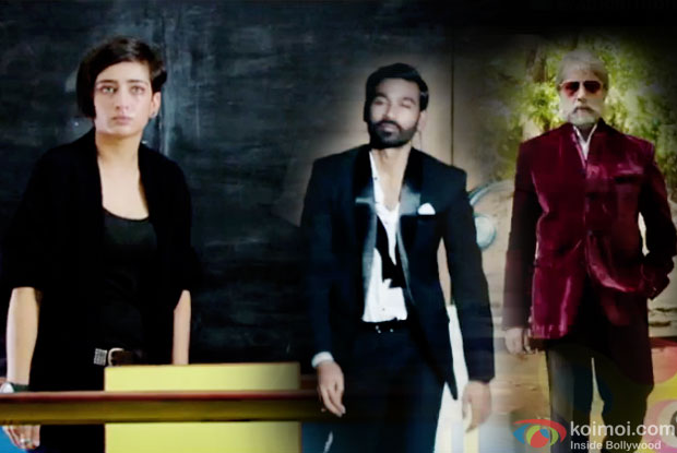 Akshara Haasan, Dhanush and Amitabh Bachchan in a still from movie 'Shamitabh'