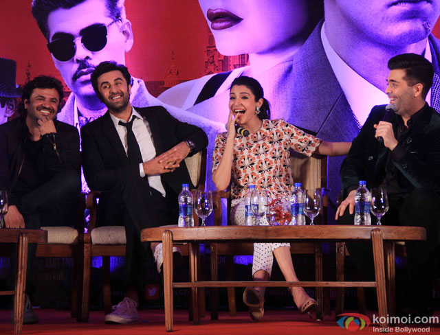Vikas Bahl, Ranbir Kapoor, Anushka Sharma and Karan Johar during the launch of second trailer of movie 'Bombay Velvet'