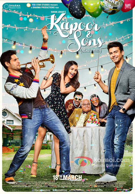 Sidharth Malhotra, Alia Bhatt, Rajat Kapoor, Rishi Kapoor, Ratna Pathak Shah and Fawad Khan in a still from 'Kapoor & Sons' movie poster