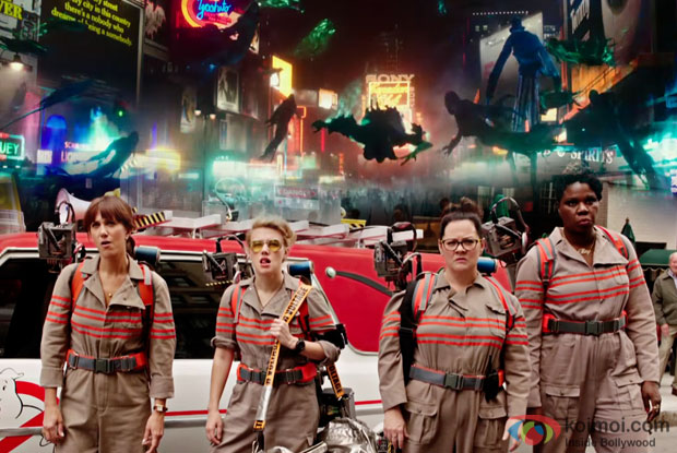 Melissa McCarthy, Kristen Wiig, Kate McKinnon, and Leslie Jones as the Ghostbusters