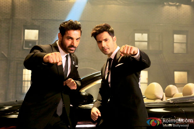 John Abraham and Varun Dhawan in a still from movie 'Dishoom'