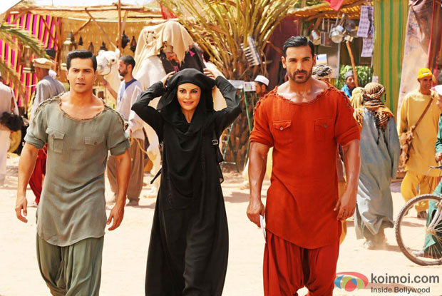 Varun Dhawan, Jacqueline Fernandez and John Abraham in a still from Dishoom