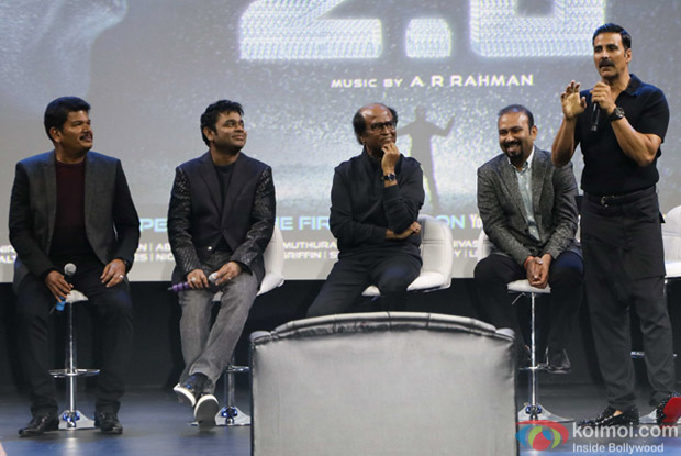 A. R. Rahman, S Shankar, Rajnikanth and Akshay Kumar during the first look launch of film 2.0